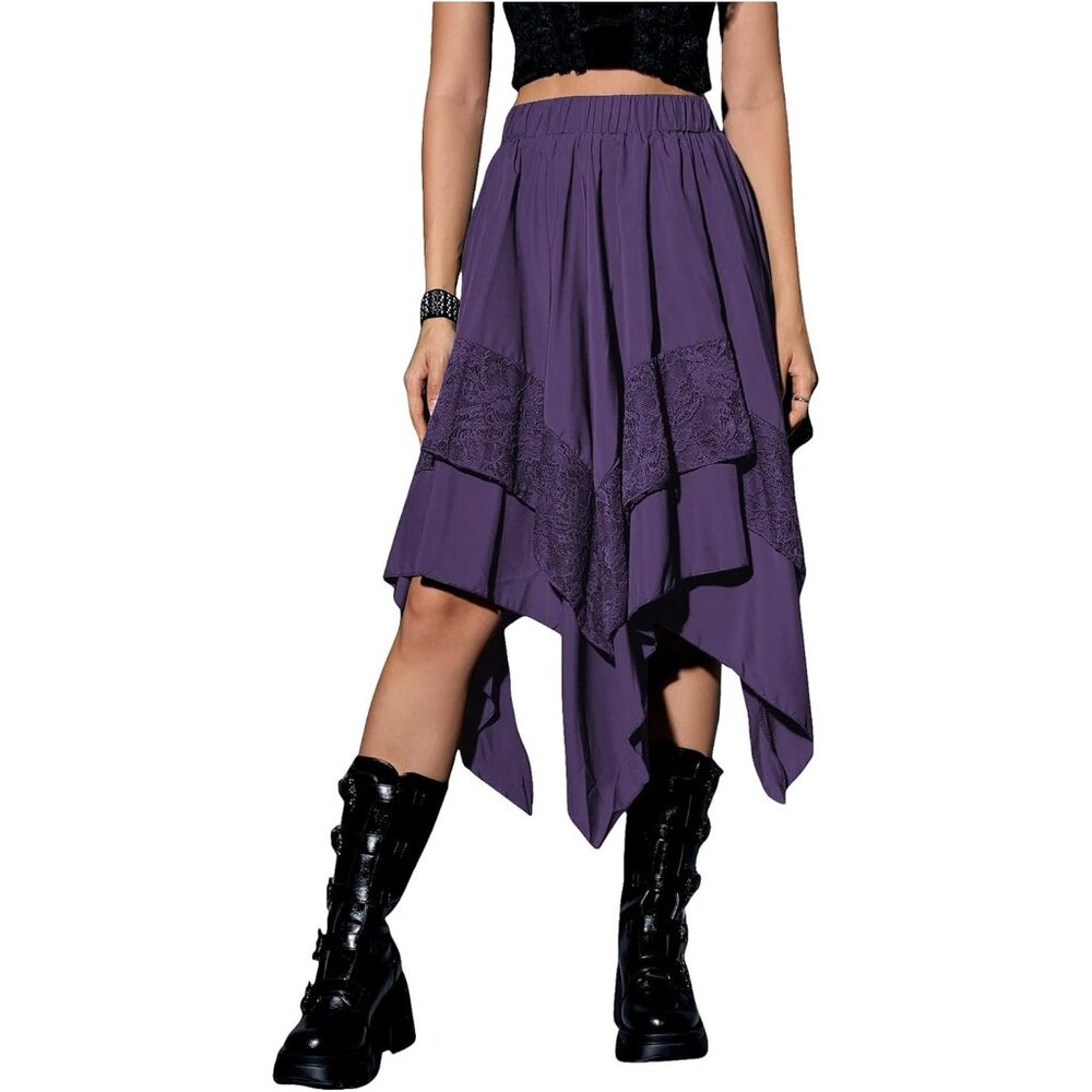 Women Light Purple Y2k Contrast Lace Asymmetrical Whimsical Gothic Midi Skirts